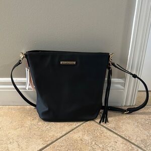 Poppy & Peonies Black Crossbody Bag with Tassel Detail